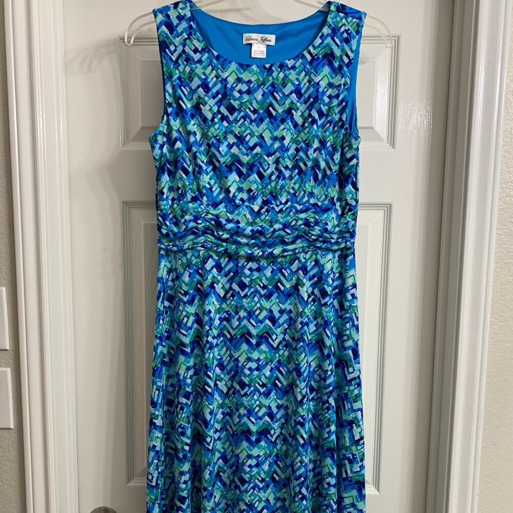 Laura Jeffries Women's Blue/Green/White Design Stretchy Dress Size 12